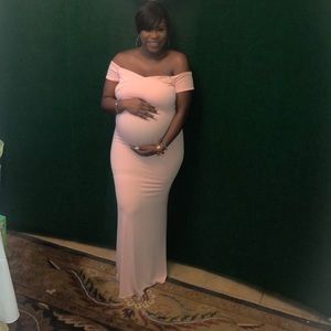 Blush pink maternity off the shoulder dress